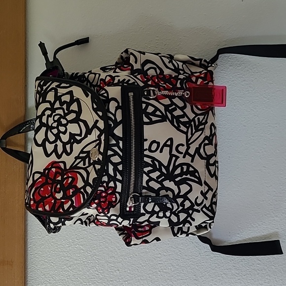 Coach "Daisy" White/Black/Red Floral-Logo Print Fabric Backpack - Picture 1 of 15